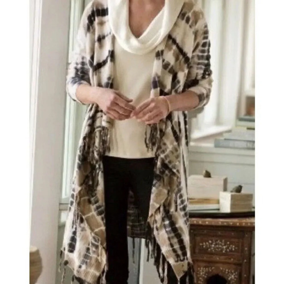 Soft Surroundings Tan Black Tie Die Fringe Drape Cardigan Jacket Size XS TALL - Picture 1 of 6